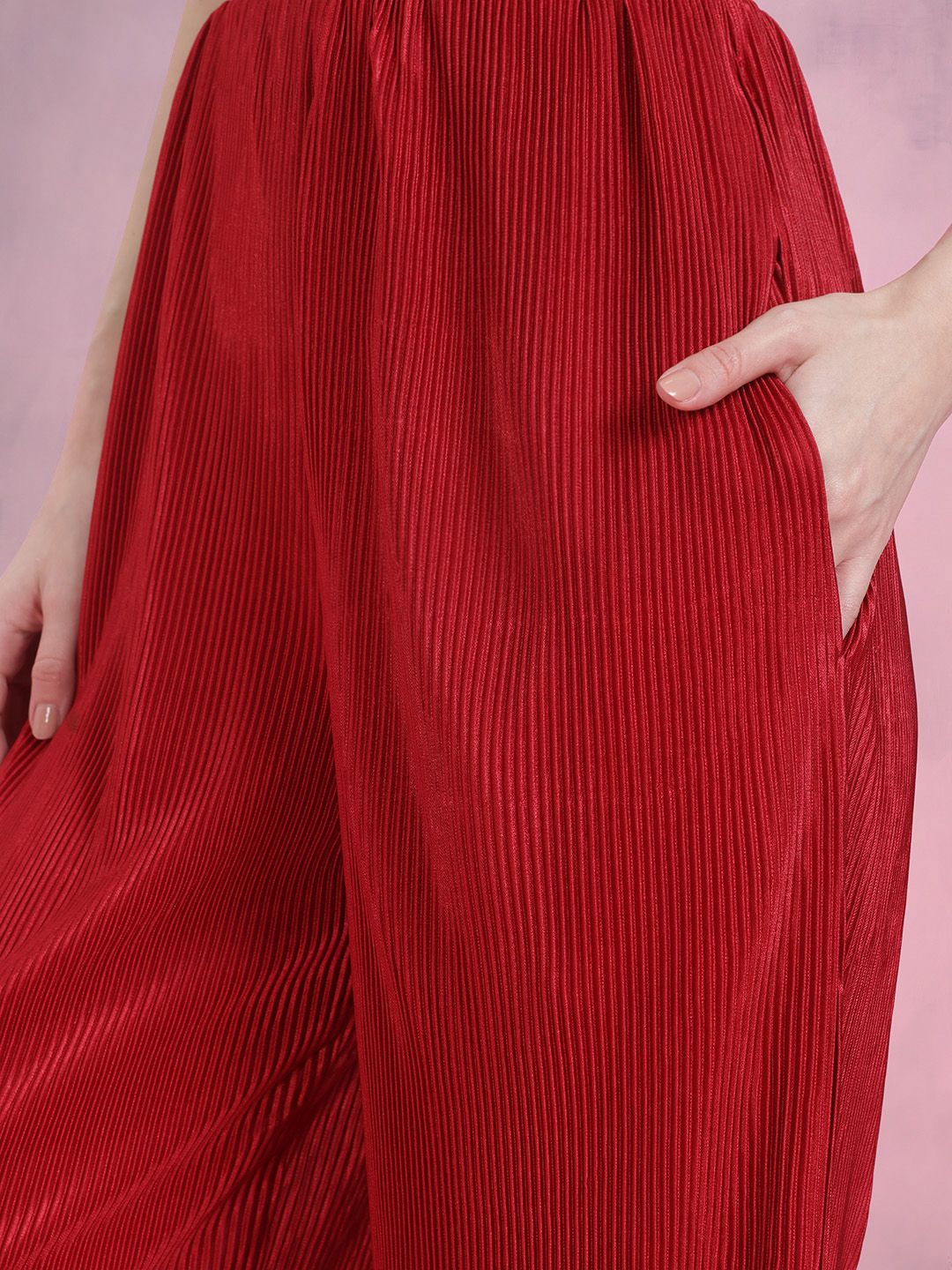 DressBerry Accordian Pleats Satin Puff Sleeves Crop Wrap Top with Trousers