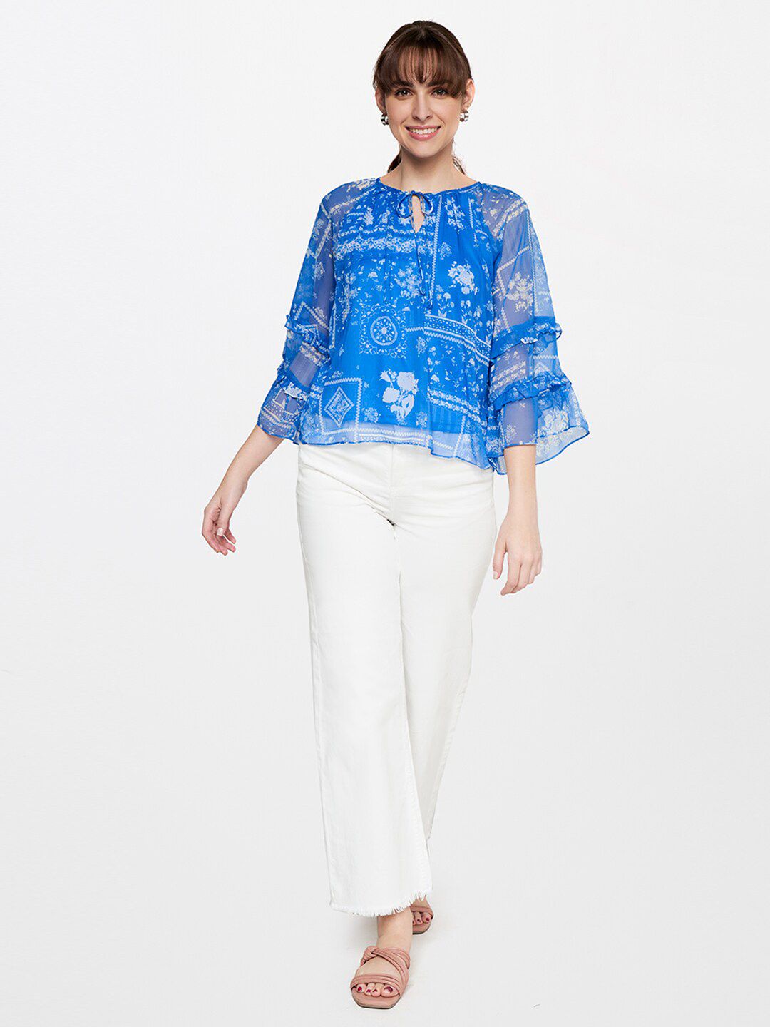 AND Floral Printed Tie-Up Neck Flared Sleeves Top