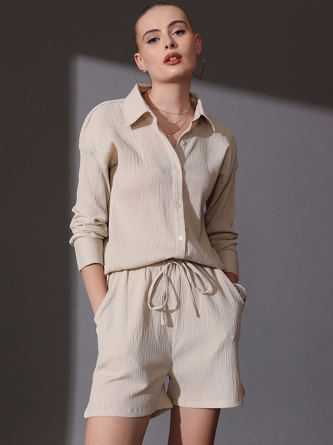 STREET 9 Self Design Shirt & Shorts Co-ord Set
