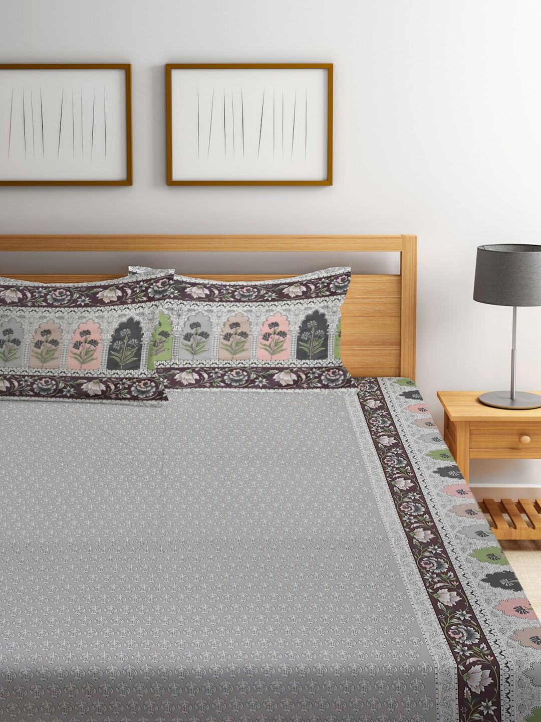 KLOTTHE Grey Ethnic Motifs Cotton 300 TC King Fine Bedsheet with 2 Pillow Covers-106 x 87 inches