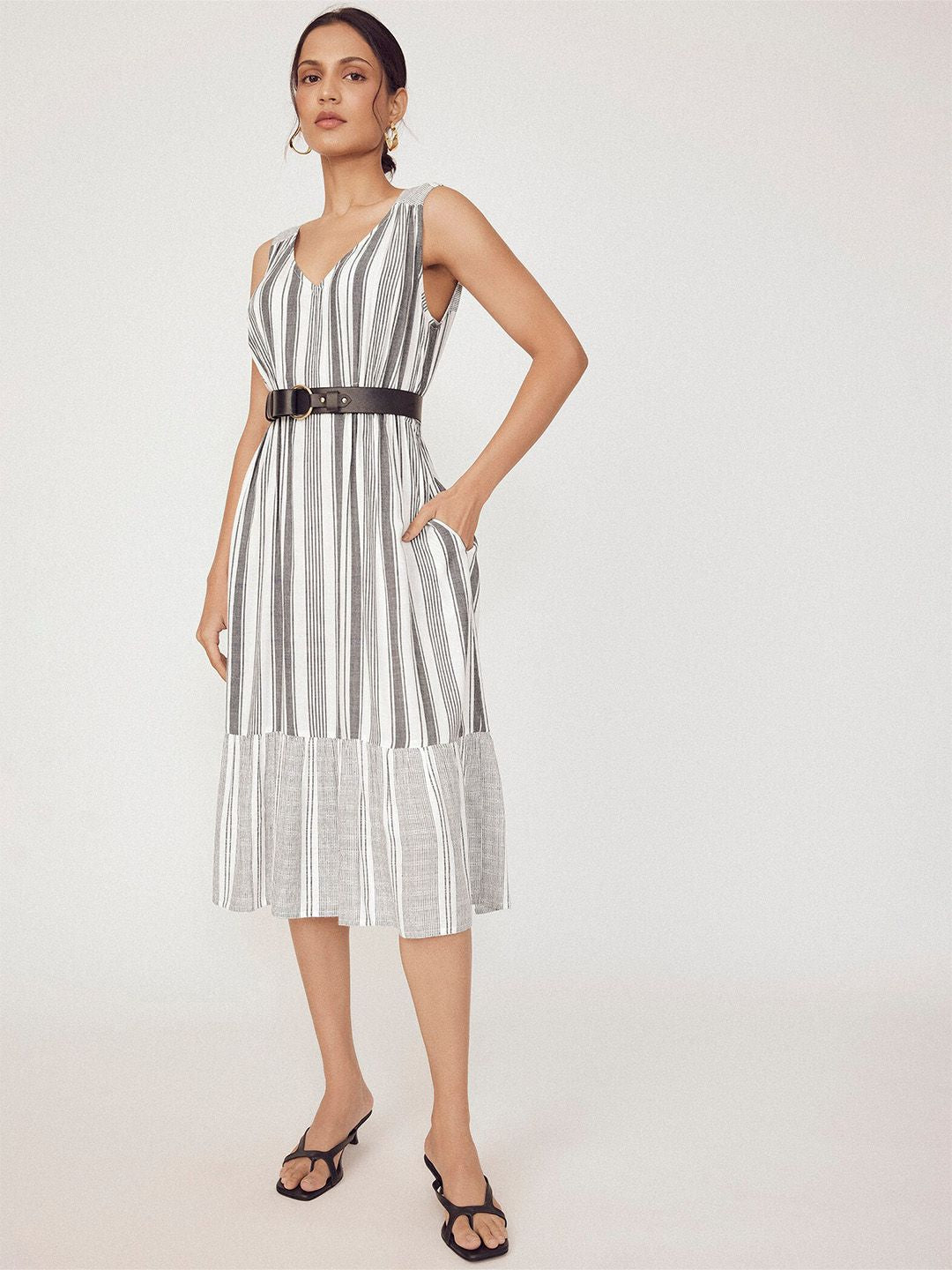 Label Life Striped V-Neck Tie-Up Cotton A-Line Midi Dress