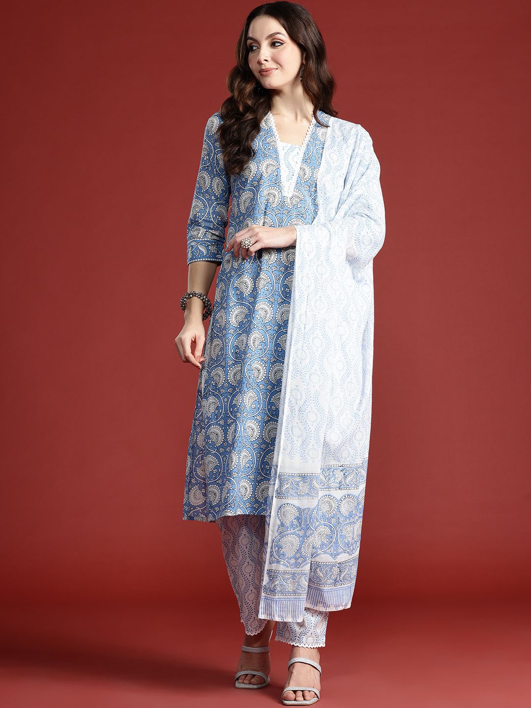 Indo Era Floral Printed Pure Cotton Kurta with Trousers & With Dupatta