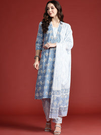 Indo Era Floral Printed Pure Cotton Kurta with Trousers & With Dupatta