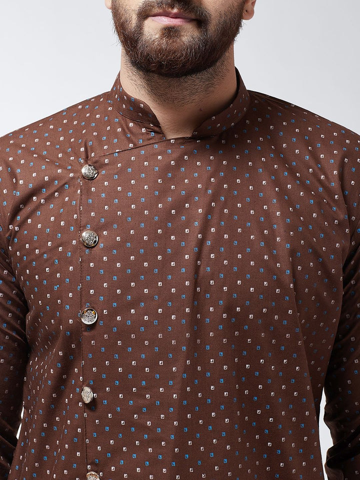 SOJANYA Men Brown Printed Cotton Linen Straight Kurta