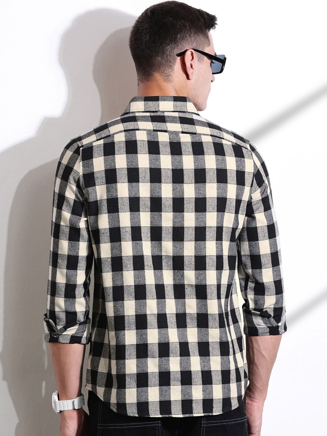 Thomas Scott Men Classic Slim Fit Spread Collar Windowpane Checked Cotton Casual Shirt