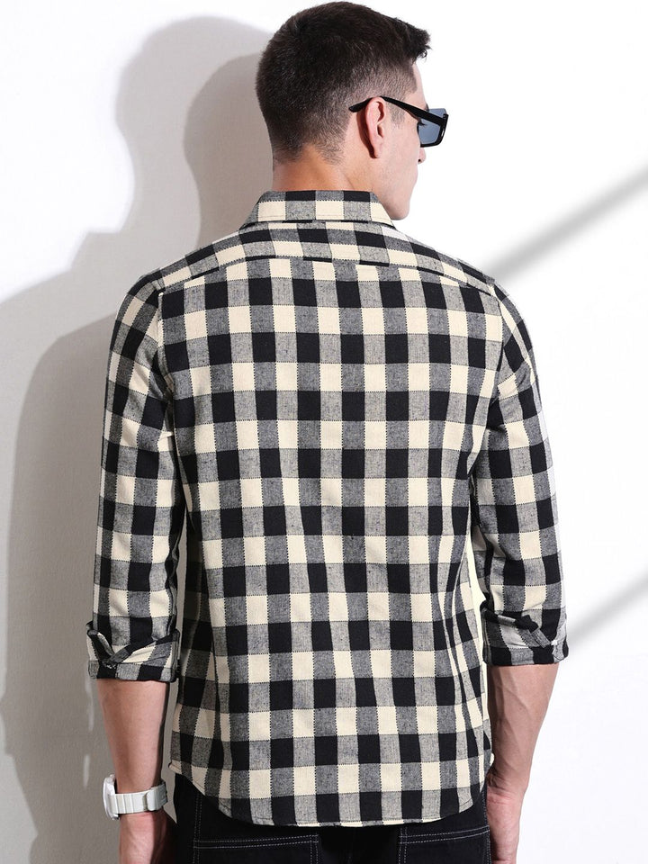 Thomas Scott Men Classic Slim Fit Spread Collar Windowpane Checked Cotton Casual Shirt