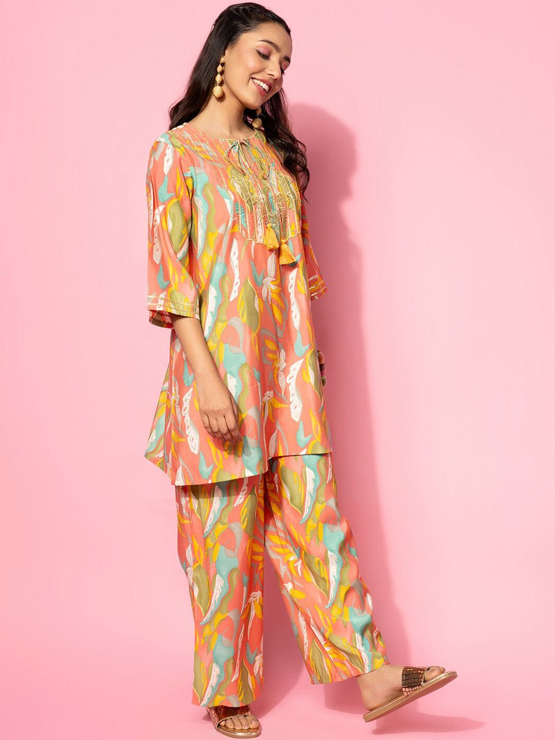 Libas Abstract Printed Gotta Patti Tie Up Neck Tunic With Trouser