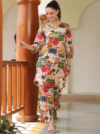 Rain & Rainbow Printed Pure Cotton Round Neck Tunic With Trousers