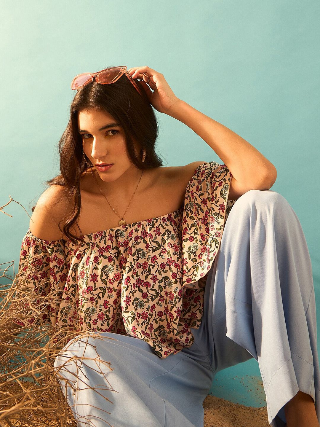 Berrylush Curve Pink Floral Printed Off  Shoulder Flared Sleeve Bardot Top