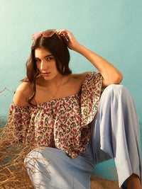 Berrylush Curve Pink Floral Printed Off  Shoulder Flared Sleeve Bardot Top