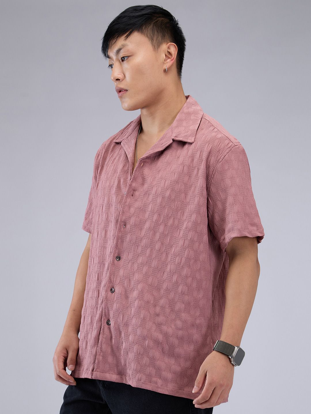 VASTRADO Men Classic Cuban Collar Textured Oversized Casual Shirt