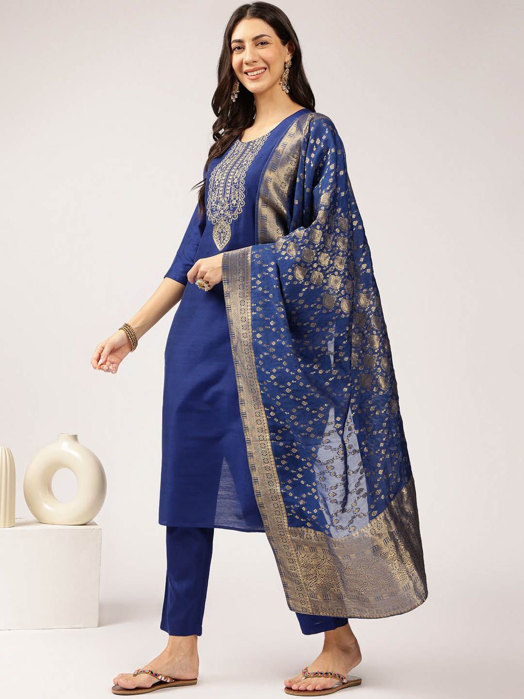 Anouk Blue Floral Embroidered Straight Kurta with Trousers & Dupatta