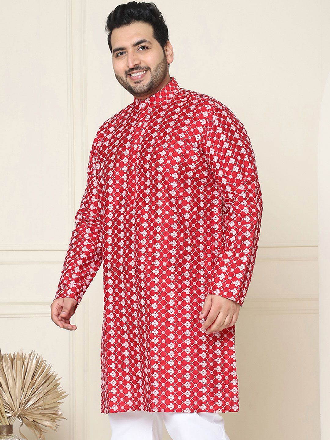SOJANYA PLUS Floral Embroidered Band Collar Neck Long Sleeves Silk Straight Kurta