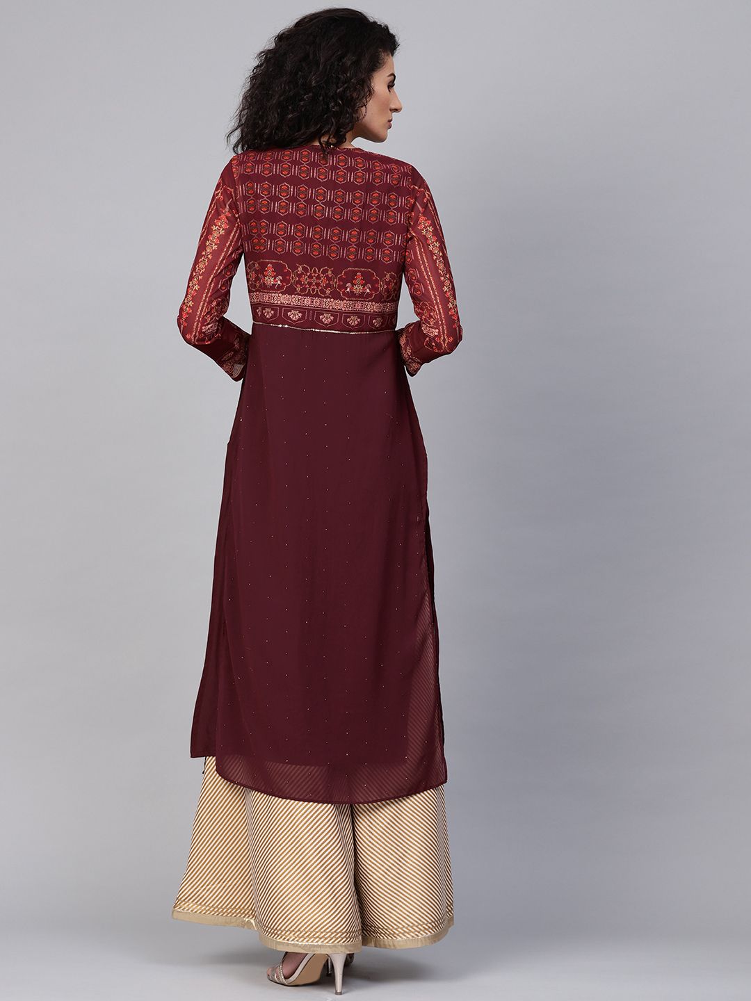 Wishful by W Women Burgundy Printed A-Line Layered Kurta with Ethnic Jacket