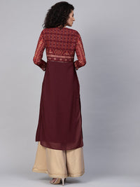 Wishful by W Women Burgundy Printed A-Line Layered Kurta with Ethnic Jacket