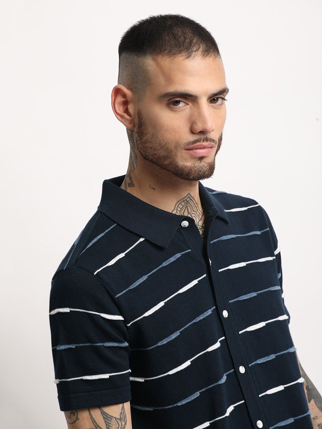 THE BEAR HOUSE Striped Polo Collar Pure Cotton Slim Fit T-shirt