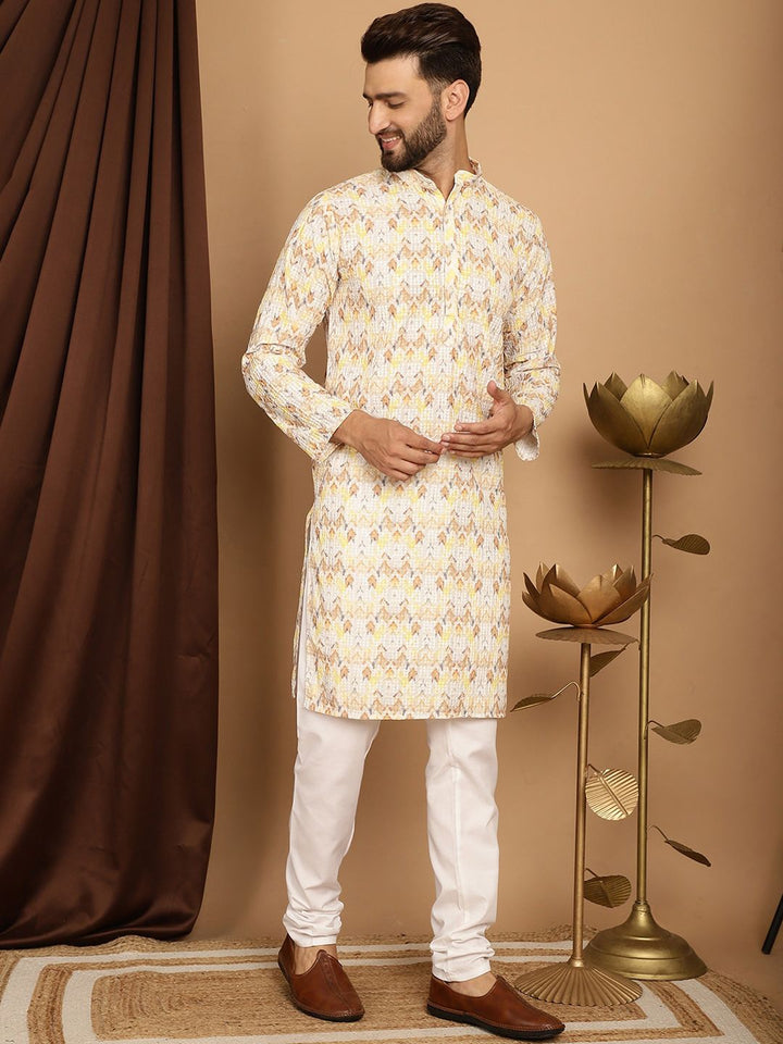 SOJANYA Kolar Mandarin Sulam Geometrik Kapas Tulen Kurta Lurus Dengan Churidar