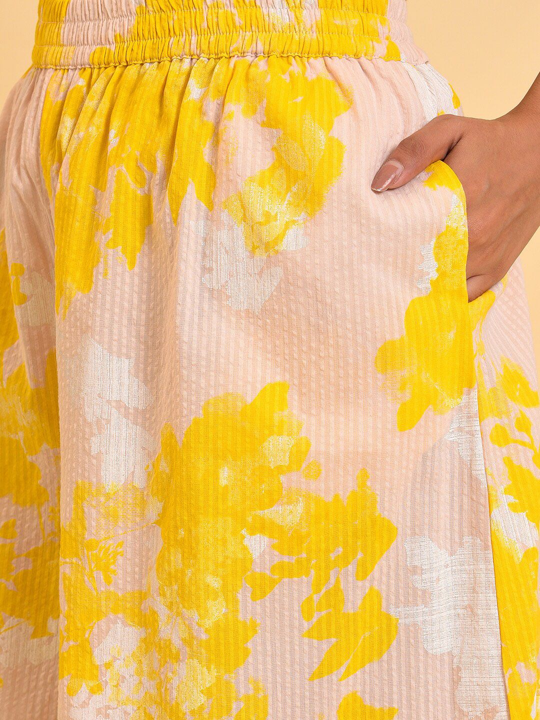 W Peach-Coloured & Yellow Abstract Printed Pure Cotton Top With Palazzos