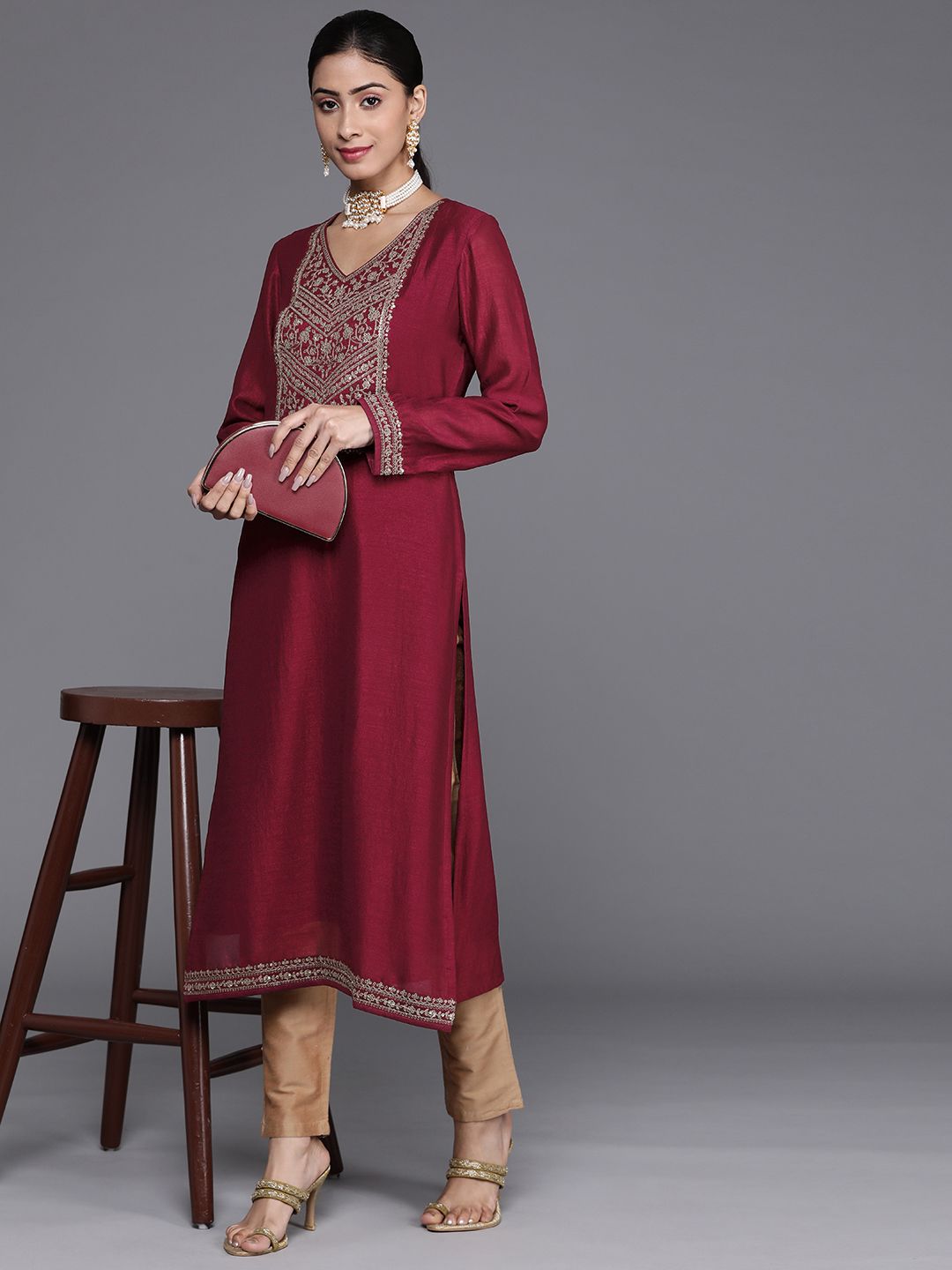 Libas Women Maroon Ethnic Motifs Embroidered Embellished Yoke Design Kurta