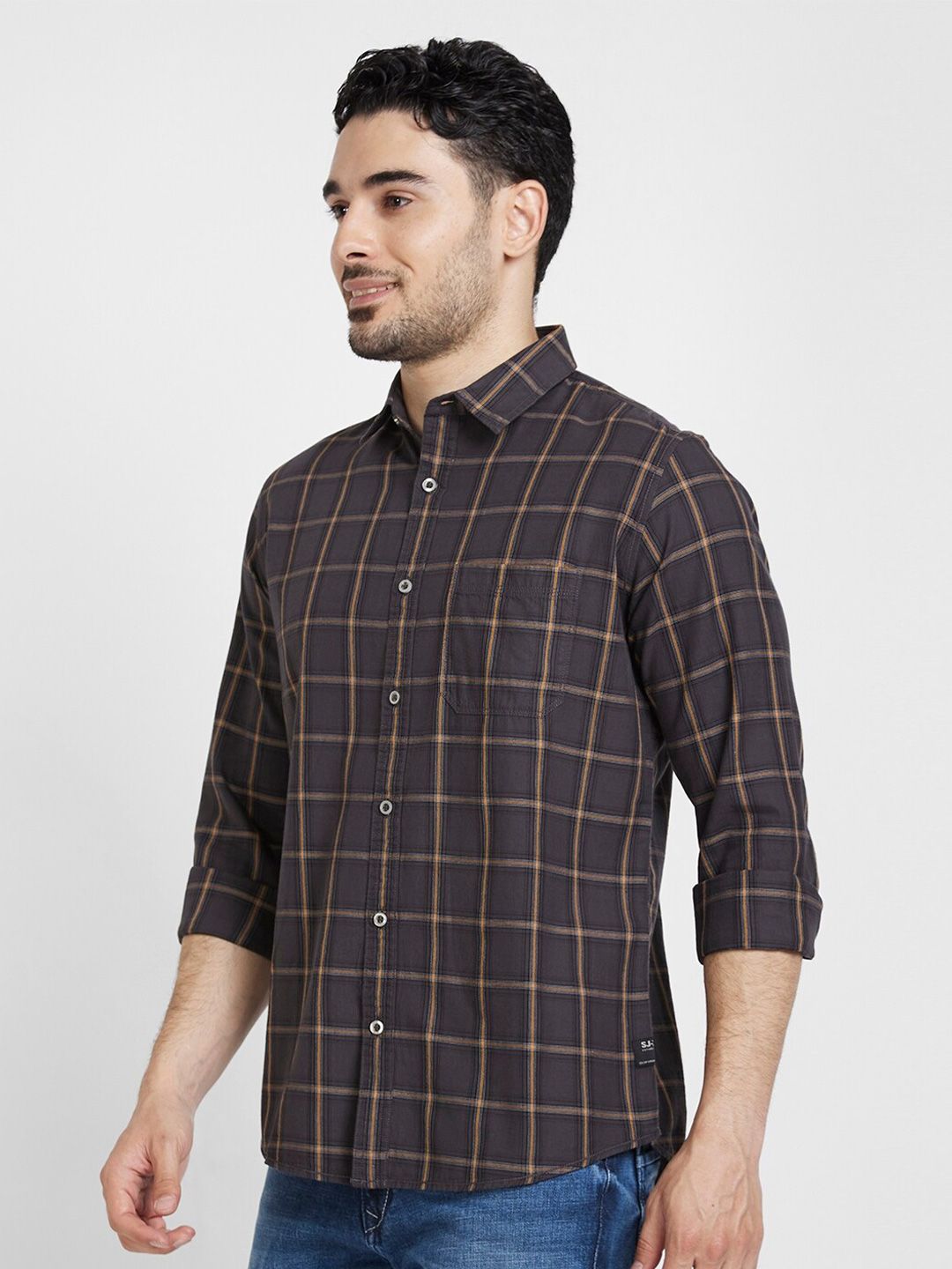 SPYKAR Classic Slim Fit Windowpane Checked Casual Cotton Shirt
