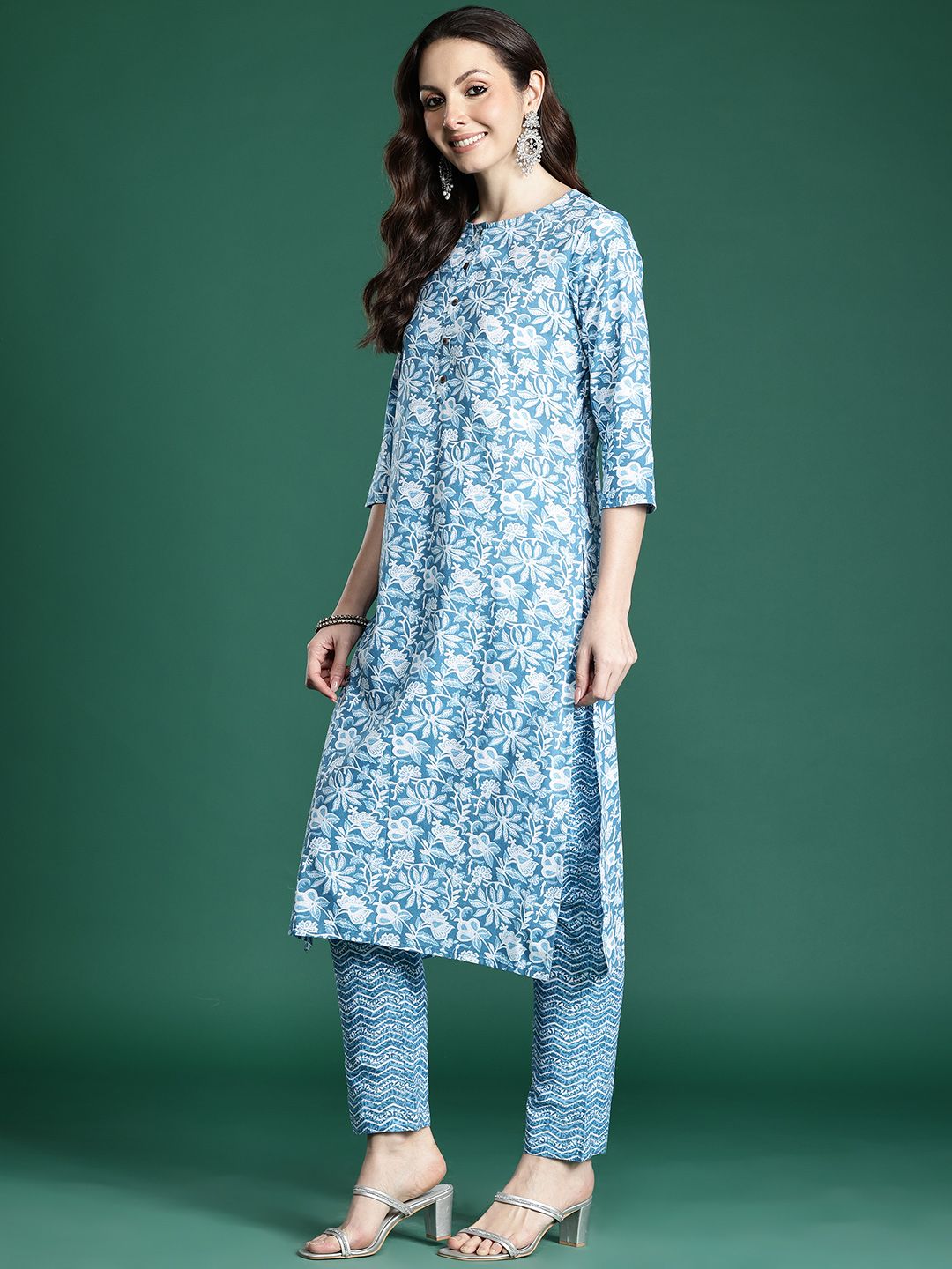 Indo Era Floral Printed Pure Cotton Kurta with Trousers & Dupatta