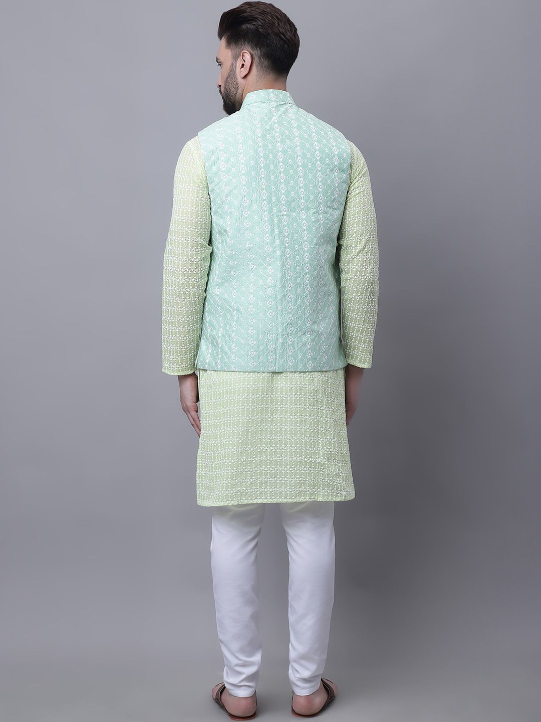 SOJANYA Kurta Kapas Tulen Sulam Bunga Lelaki Dengan Piyama & Jaket Nehru