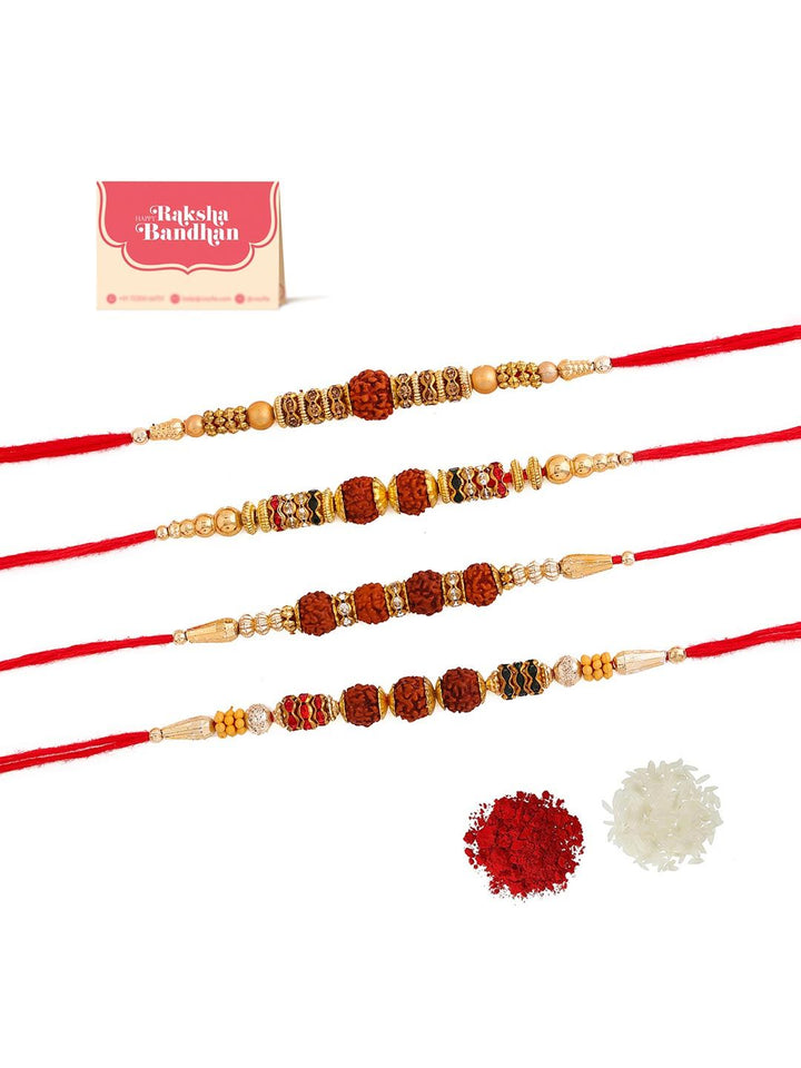 Voylla 4 Pcs Unisex Religious Rudraksha Rakhi Squad with Roli Chaawal Pack