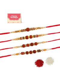 Voylla 4 Pcs Unisex Religious Rudraksha Rakhi Squad with Roli Chaawal Pack
