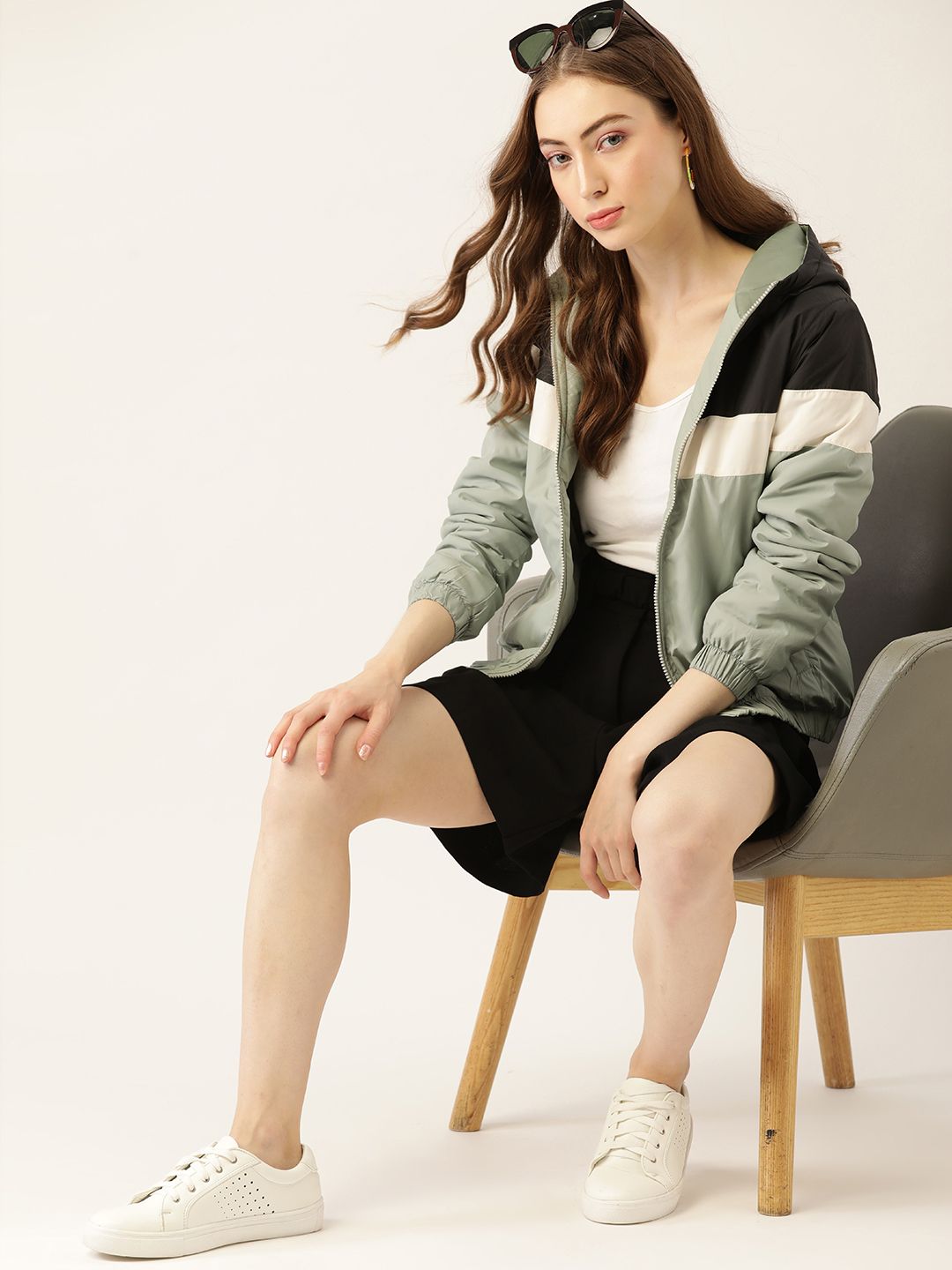 DressBerry Women Green & Black Colourblocked Hooded Bomber Jacket