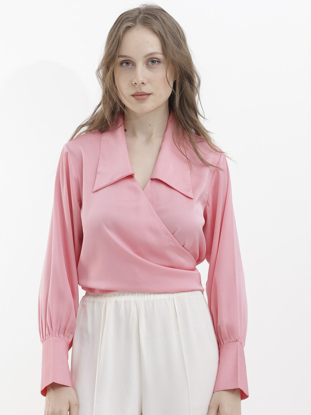 RAREISM Shirt Collar Cuffed Sleeves Wrap Top