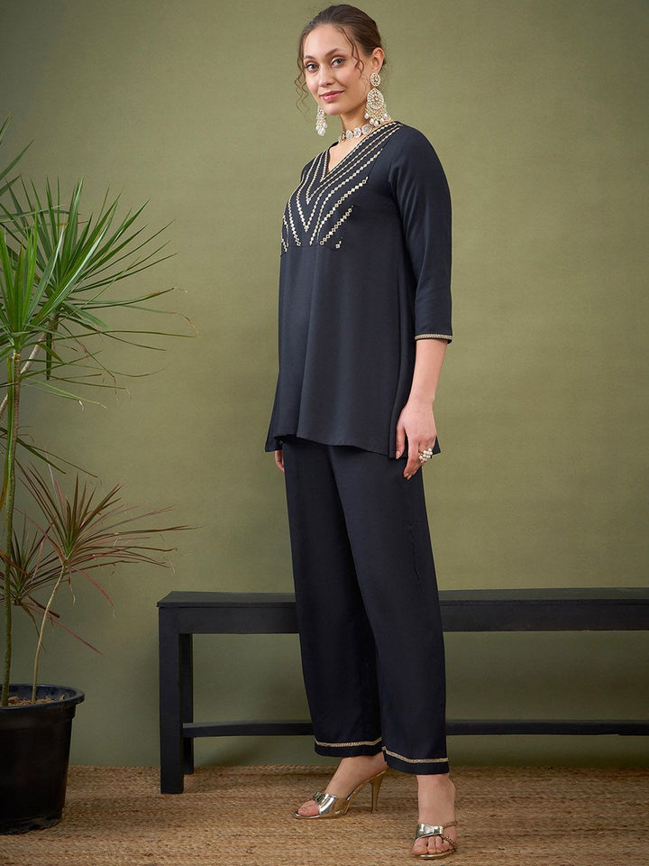 Shae by SASSAFRAS Black Embroidered Ethnic Top With Palazzos