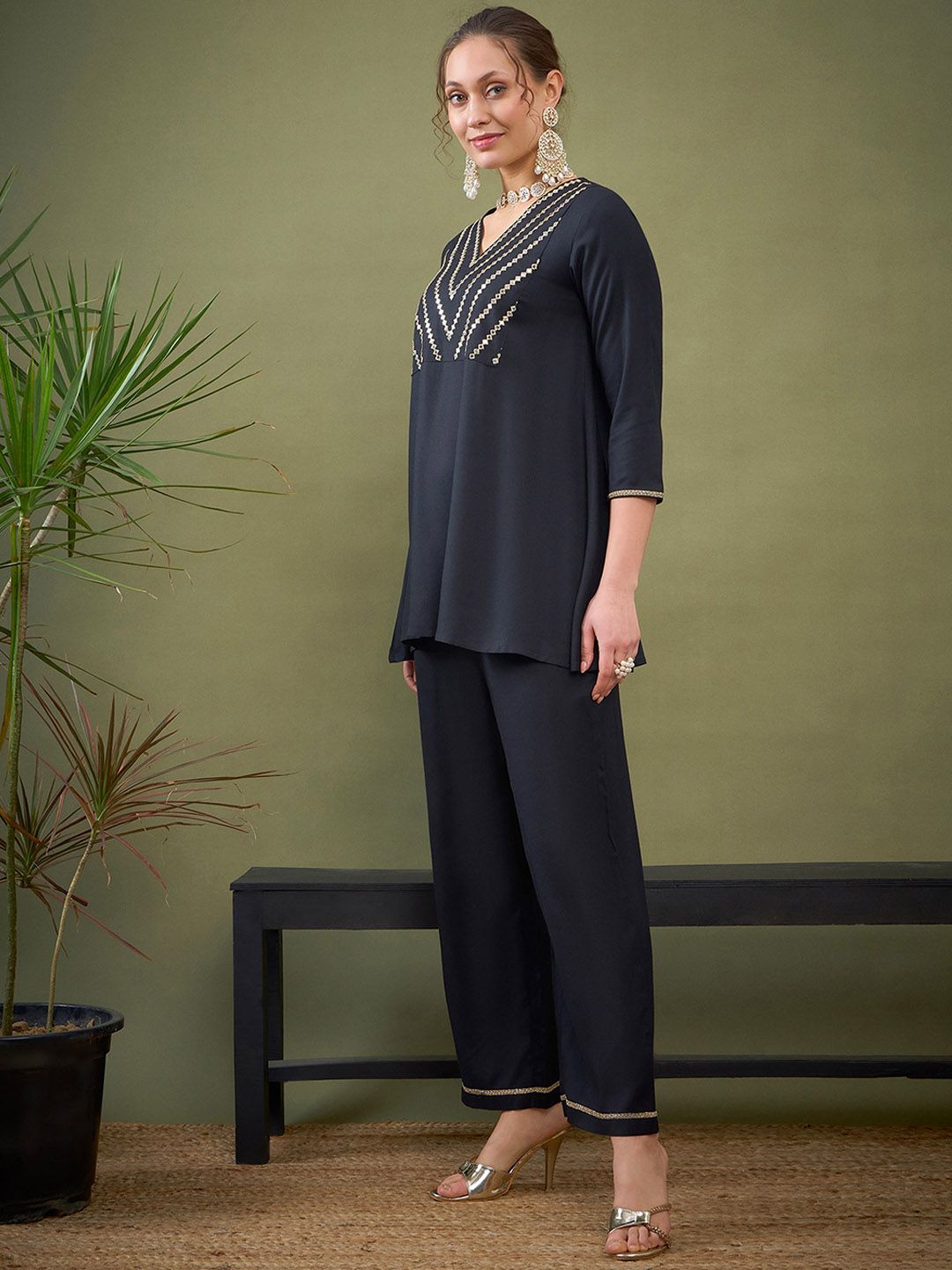 Shae by SASSAFRAS Black Embroidered Ethnic Top With Palazzos