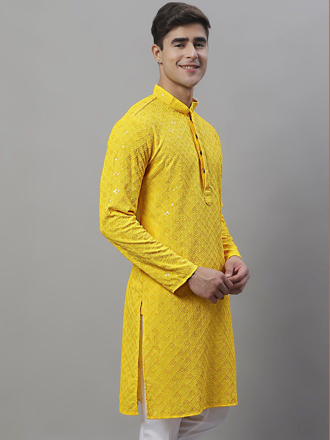 Jompers Mandarin Collar Ethnic Motifs Embroidered Chikankari Kurta