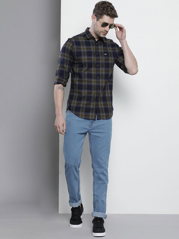 The Indian Garage Co Men Navy Blue Cotton Tartan Checked Casual Shirt