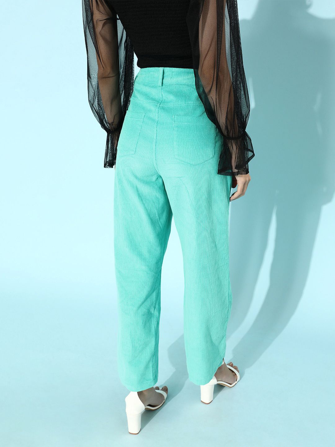 SASSAFRAS Women Green Straight Fit High-Rise Corduroy Chinos Trousers