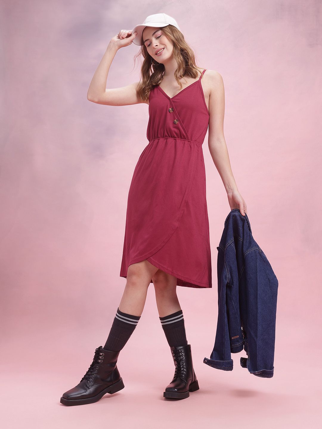 DressBerry Gathered Detail Shoulder Straps A-Line Wrap Dress with Mock Buttons