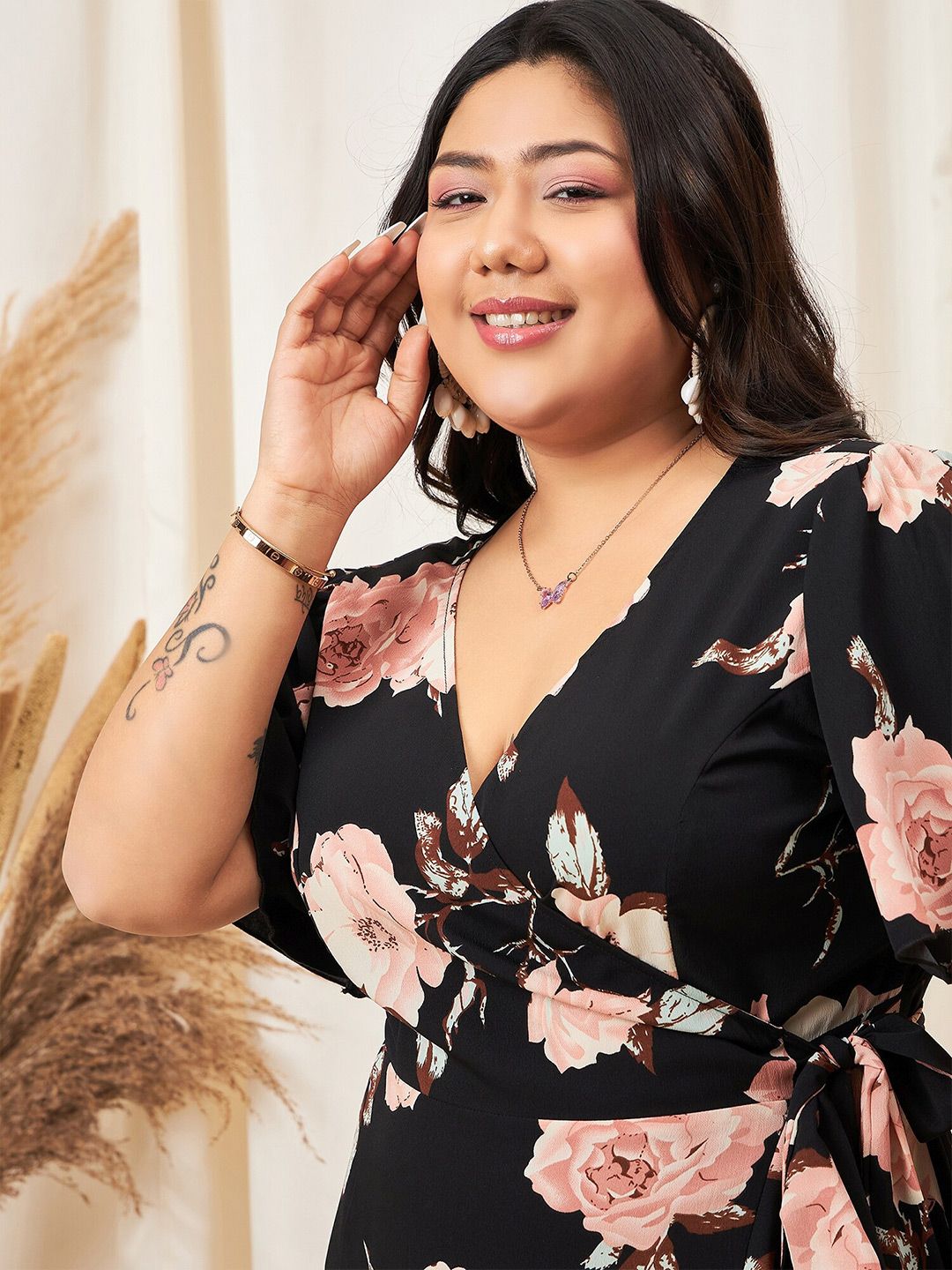 Berrylush Curve Plus Size Floral Printed Flared Sleeve Ruffled Crepe Maxi Dress