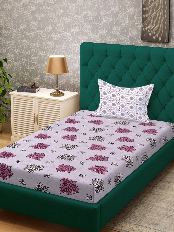 KLOTTHE Purple Cotton Floral 400 TC Single Bedsheets