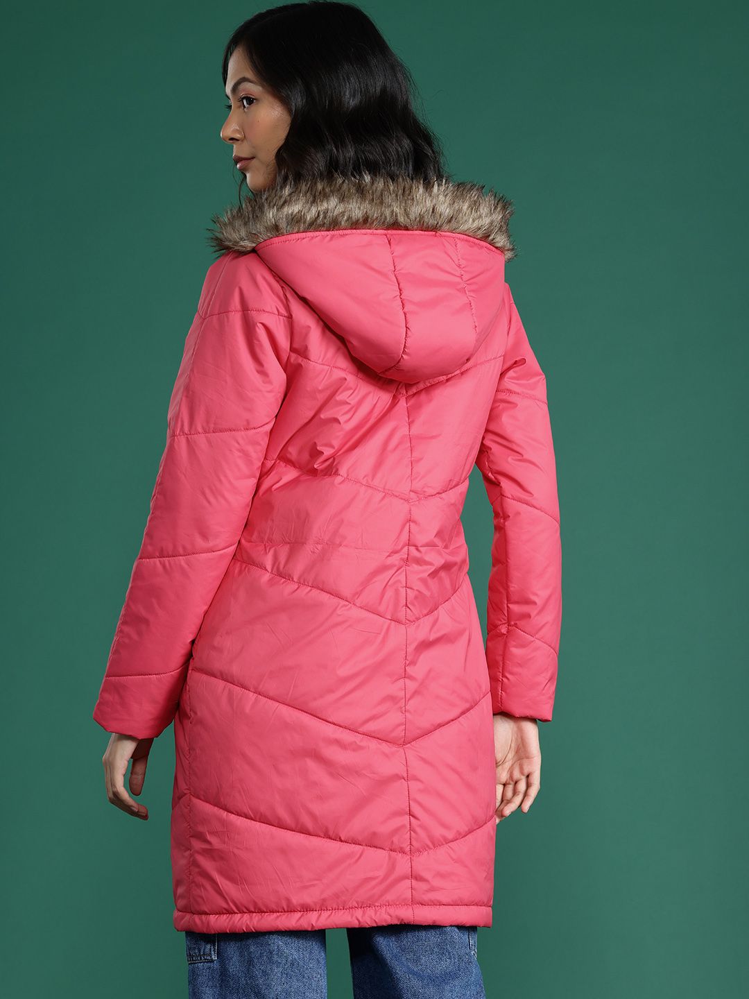 DressBerry Solid Faux Fur Trim Longline Parka Jacket