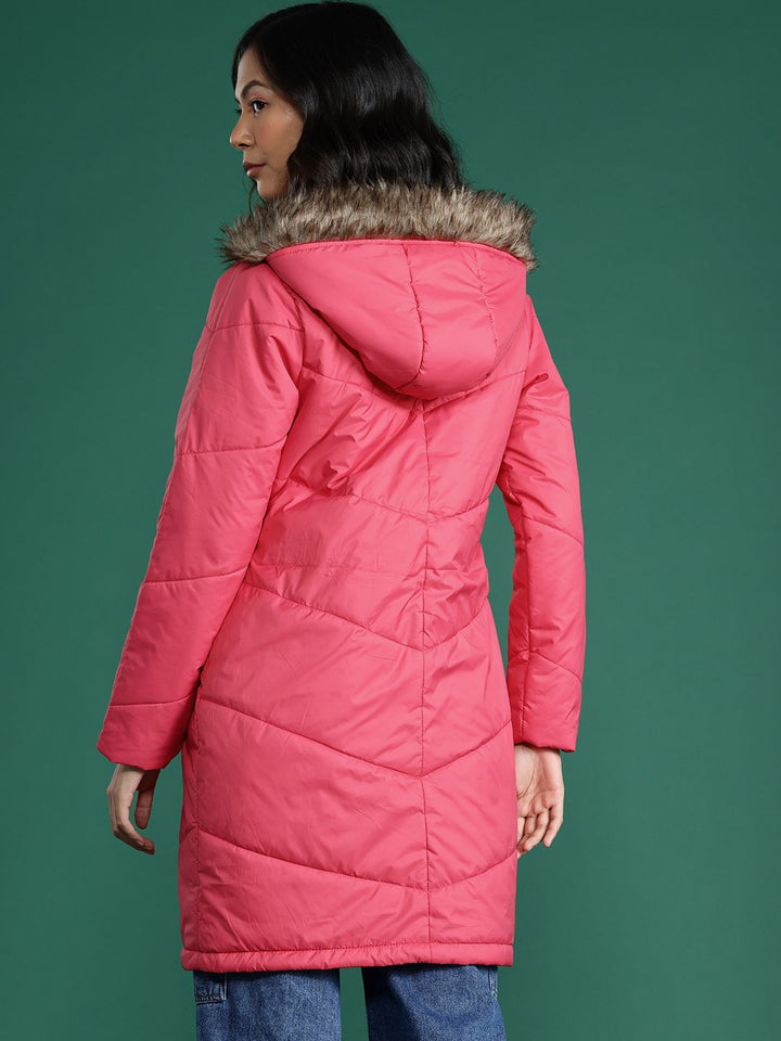 DressBerry Solid Faux Fur Trim Longline Parka Jacket