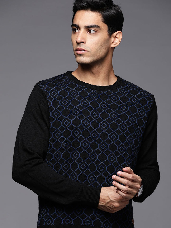 Raymond Men Black & Blue Geometric Woolen Pullover