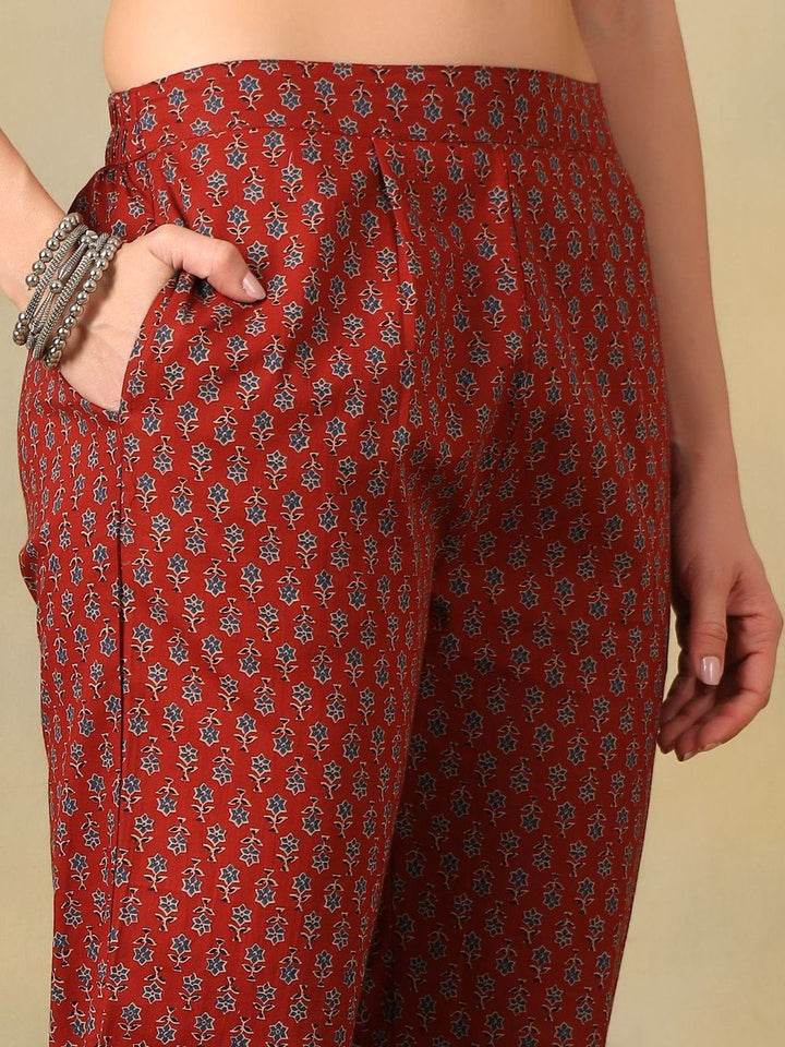 Mamicha Women Ethnic Motifs Printed Angrakha Mirror Work Pure Cotton Kurta with Trousers & With Dupatta