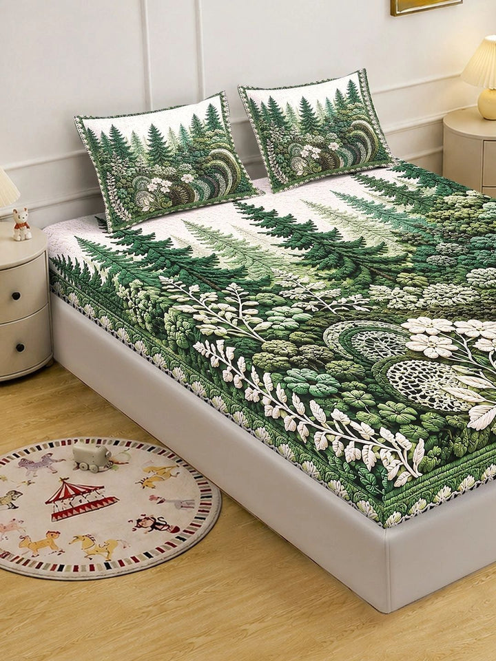 KLOTTHE Hijau & Putih Floral 400 TC Cadar King dengan 2 Sarung Bantal