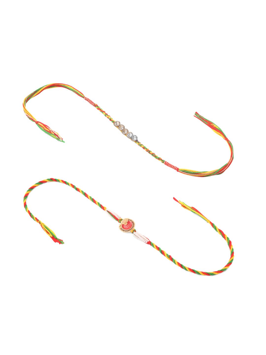 NVR Unisex Set of 2 Religious Multicolor Artificial Stones Thread Rakhi With Roli Chawal