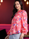 DressBerry Floral Print Tie-Up Neck Puff Sleeve Top