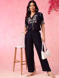 Anouk Navy Blue Embroidered Top With Trousers Co-Ords