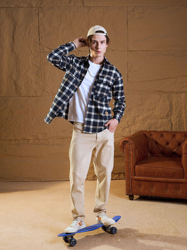 DENNISON Men Double Pocket Drop Shoulder Oversized Cotton Checked Shacket