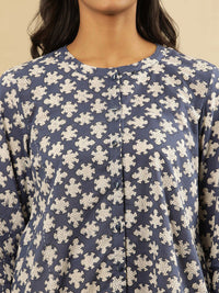 Folk Song  Floral Printed Round Neck Cuffed Sleeves Cotton Top
