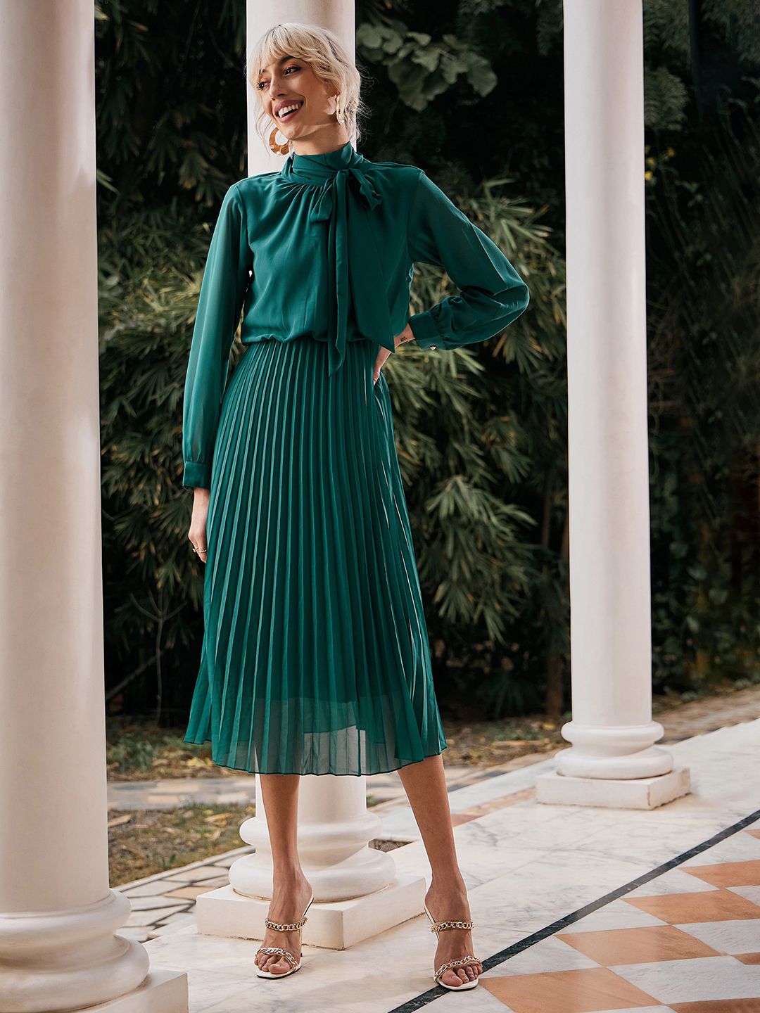 SASSAFRAS Tie-Up Neck Accordion Pleated Georgette A-Line Midi Dress