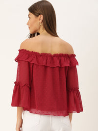 AND Maroon Off-Shoulder Ruffles Top